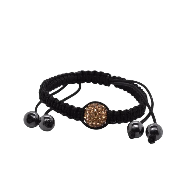 Pulsera de cordón Shamballa de acero inoxidable con un cristal amarillo y cuatro cuentas de hematita – SBB00052