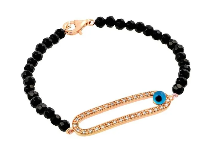 Pulsera de cuentas negras con circonita ovalada abierta y mal de ojo chapada en plata 925 – BGB00170RGP