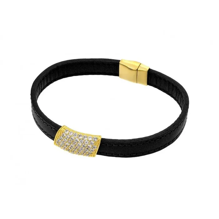 Pulsera de cuero negro con circonita cúbica transparente chapada en oro de plata 925 – ECB003GP