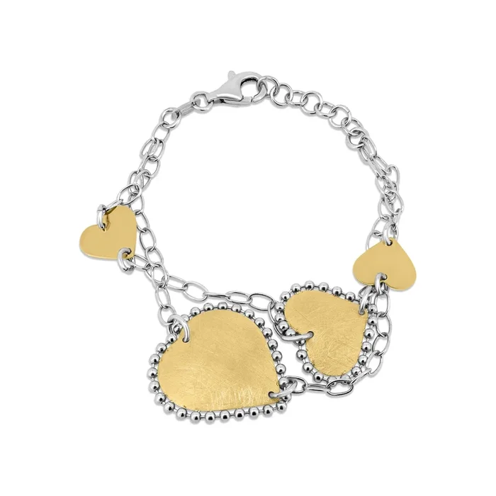 Pulsera de eslabones de corazón en plata de ley 925 con baño de oro y rodio en dos tonos y acabado mate – SPB00017