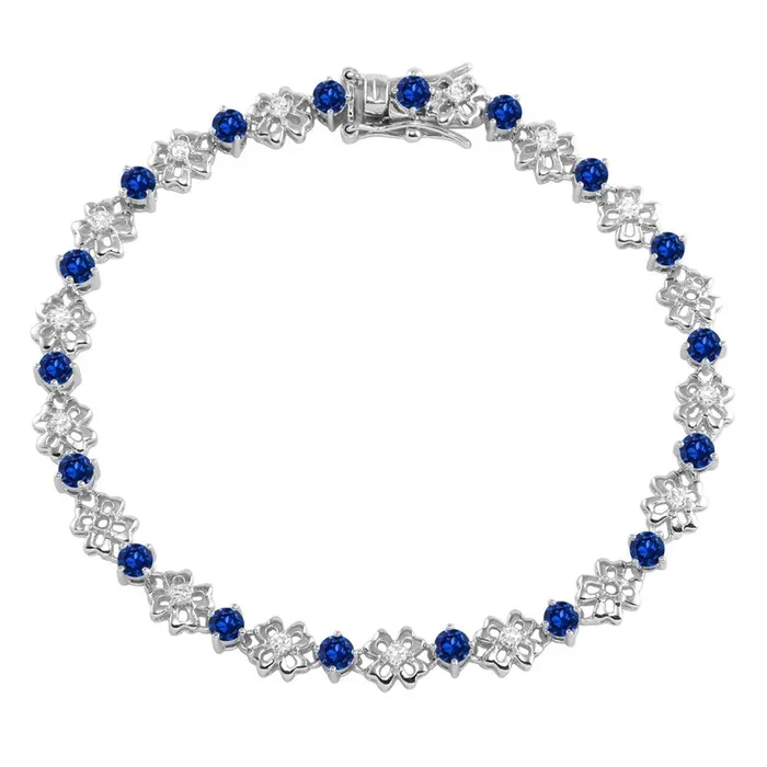 Pulsera de eslabones de flor en plata de ley 925 rodiada con circonitas transparentes y azules – BGB00304BLU
