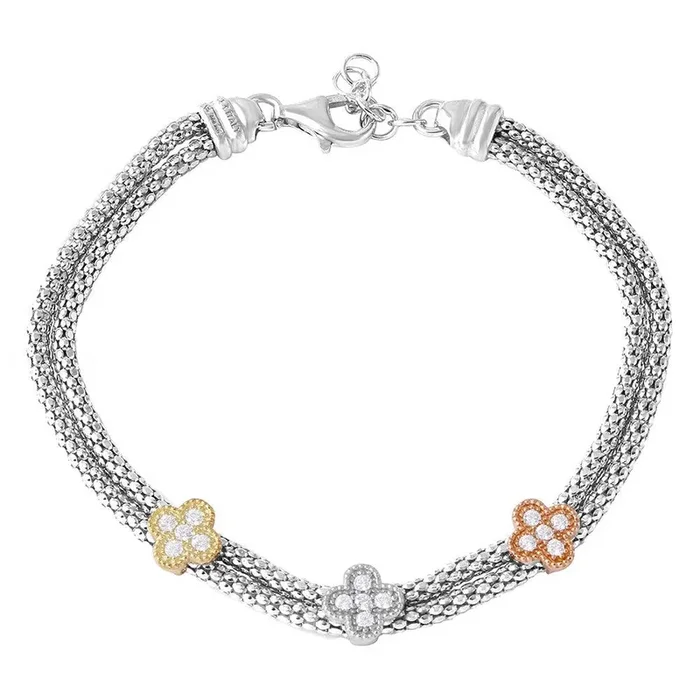 Pulsera de hojas de circonita cúbica con trébol de 3 tonos chapada en rodio en plata de ley – ARB00024TRI