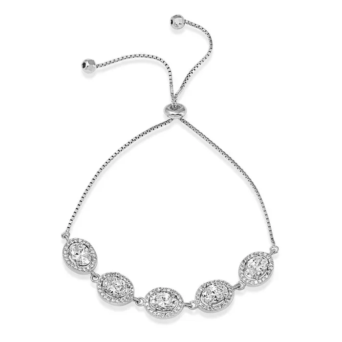 Pulsera de lazo de plata de ley 925 rodiada con 5 micropavé de circonitas cúbicas ovaladas y redondas transparentes – STB00548CZ
