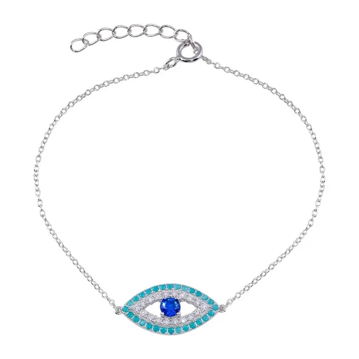 Pulsera de ojo turco con circonitas y turquesa en plata de ley 925 rodiada – BGB00356