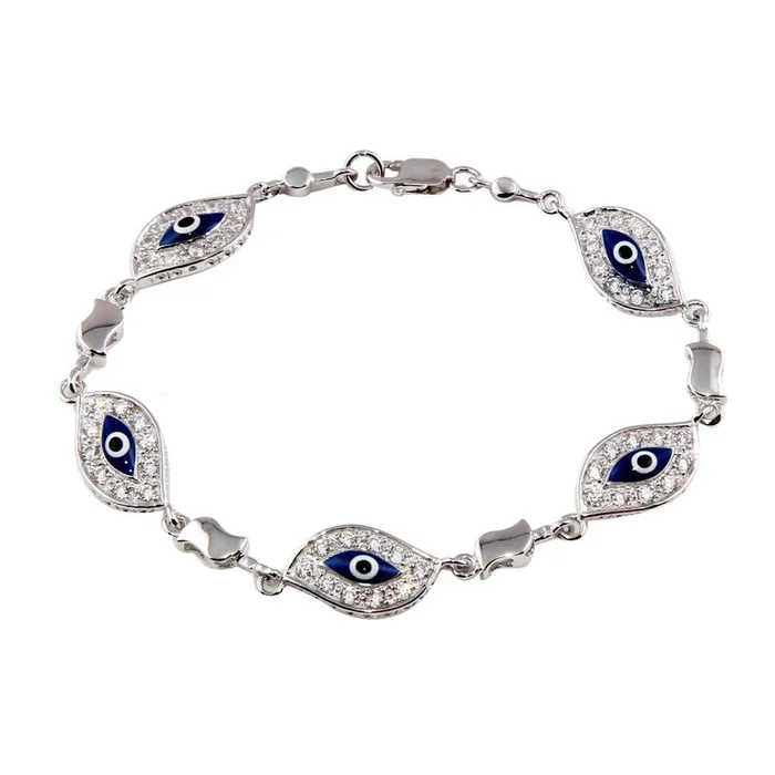 Pulsera de plata 925 chapada en rodio con circonita transparente y mal de ojo – STB00272