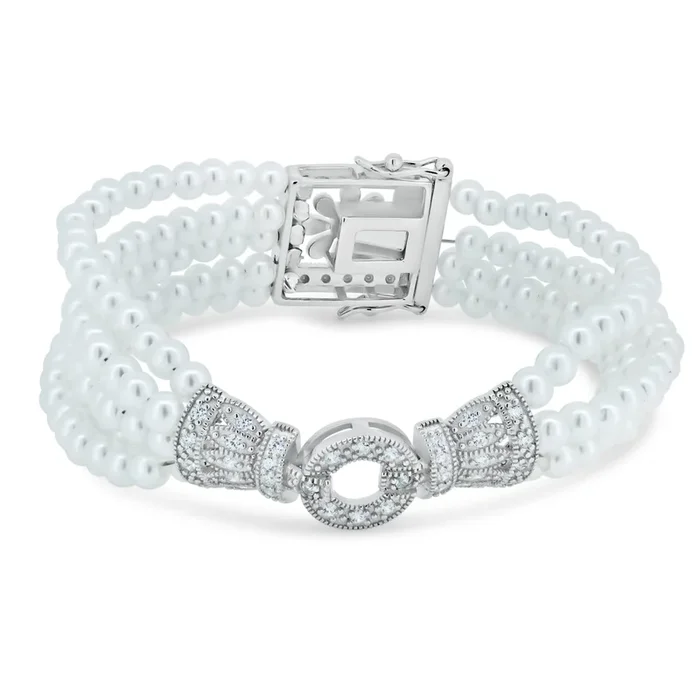 Pulsera de plata 925 chapada en rodio con múltiples perlas y circonita transparente cuadrada y flor – STB00362