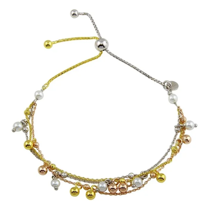 Pulsera de plata de ley 925 con baño de tres tonos y múltiples cadenas con perlas sintéticas – ECB00124
