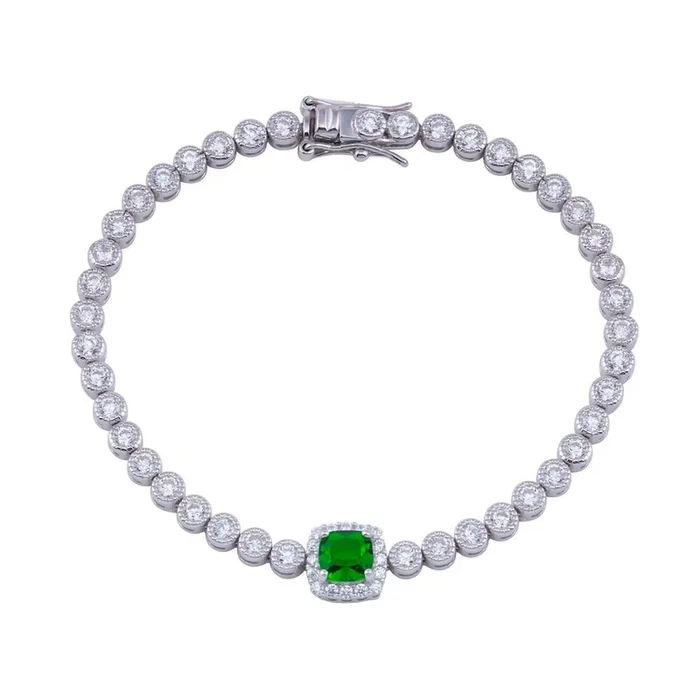 Pulsera de tenis de plata de ley 925 con circonitas verdes y centro de halo verde – BGB00363