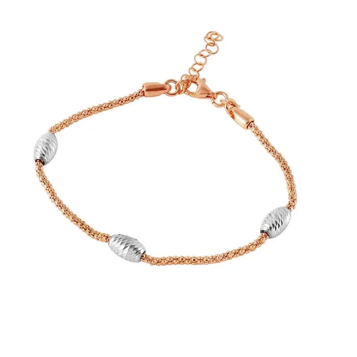Pulsera italiana de cadena de palomitas de maíz chapada en oro rosa de plata 925 con detalles de cuentas ovaladas – ECB00129RGP