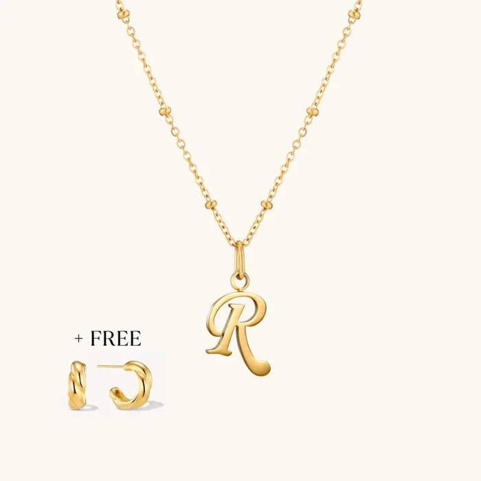 R Script Initial Necklace + FREE Allure Hoops Gold