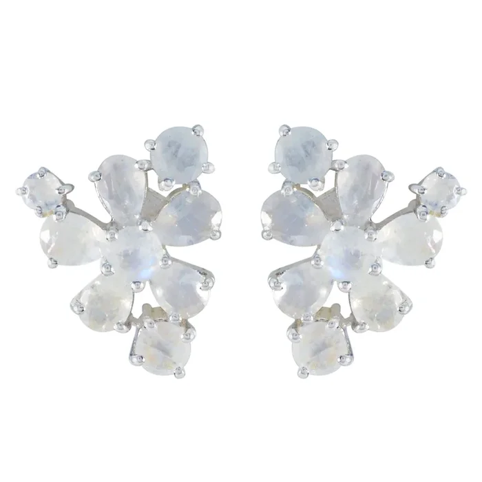Rainbow Moonstone Korean Harper multiple Stud White 925 Sterling Silver Earring