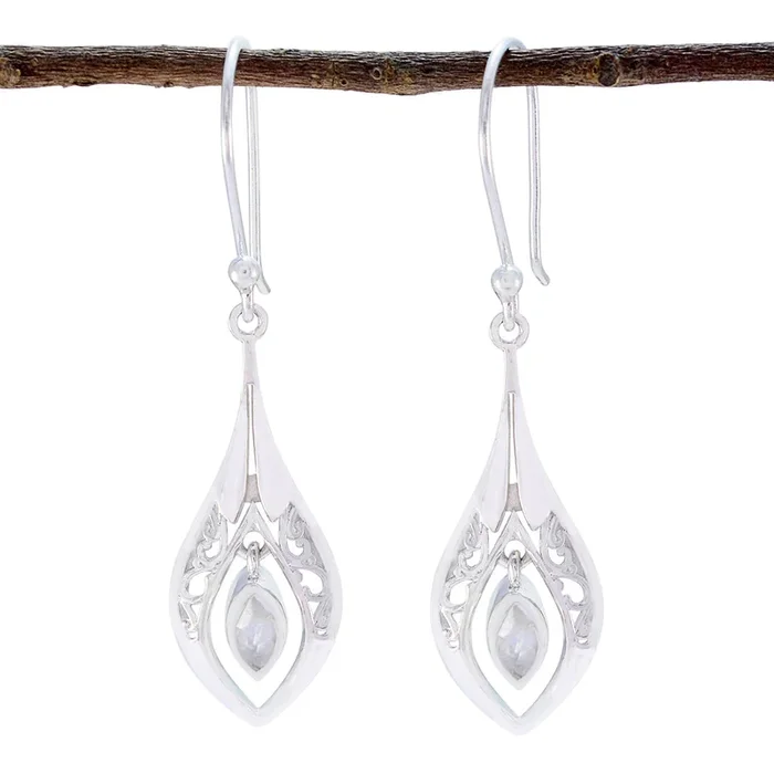 Rainbow Moonstone Russian Valentina Solitaire Dangle White 925 Sterling Silver Earring
