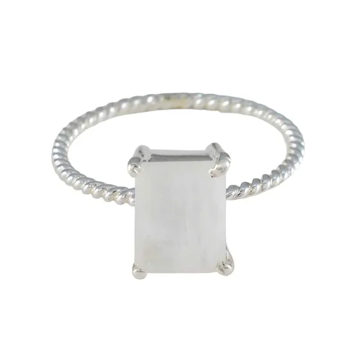 Rainbow Moonstone Solitaire Japanese Sterling Silver White Gemstone Delicate Twist Ring Jewelry