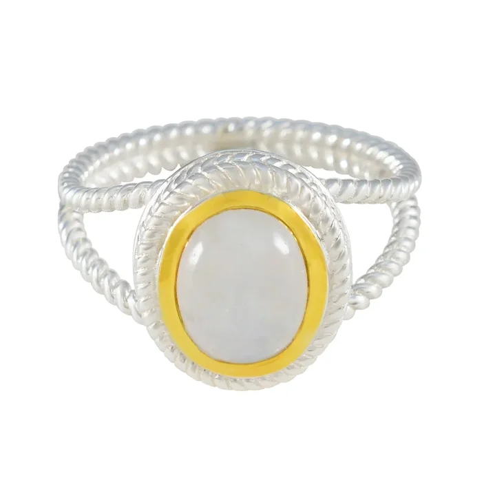 Rainbow Moonstone Solitaire Middle Eastern 925 Silver White Gems Classic Rope-Wire Ring Jewelry