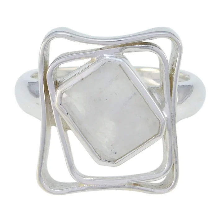 Rainbow Moonstone Solitaire Russian 925 Sterling Silver White Gemstone Mid-weight Signet Ring Jewelry