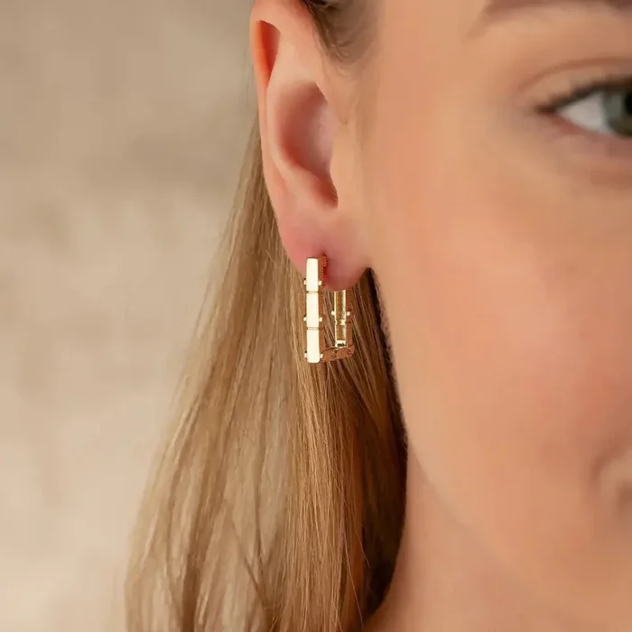Rectangle Hoops 14K Solid Rose Gold | 21 mm Rectangular Diamond-Cut Huggie Earrings for Women