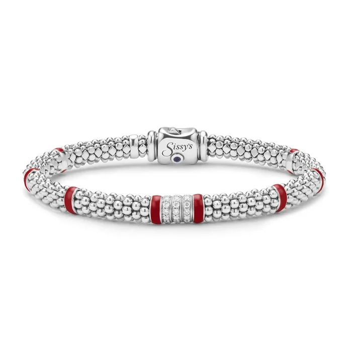 Red Enamel Three Station Diamond Caviar Bracelet | 6mm