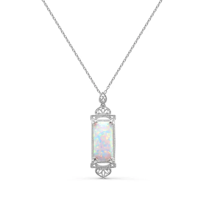 Red Hot Deal 14X7MM Baguette Opal and Diamond Fashion 18-inch Pendant in Sterling Silver