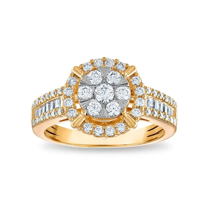 Red Hot Deal 3/4 CTW Natural Diamond Halo Cluster Ring in 10KT White and Yellow Gold