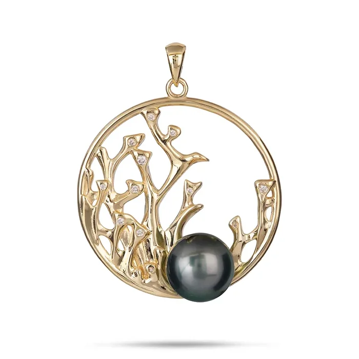 Reefs Tahitian Black Pearl Pendant in Gold with Diamonds – 30mm
