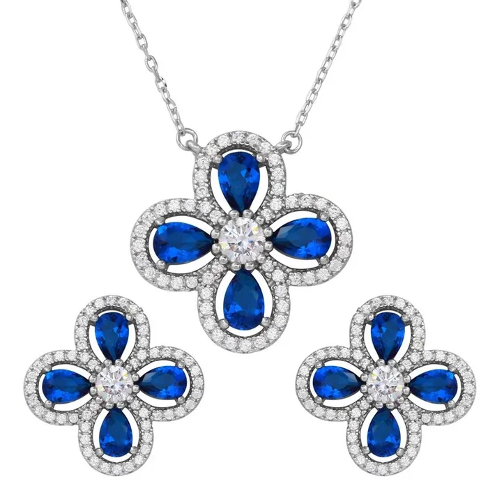 Rhodium Plated 925 Sterling Silver 4 Leaf Clover with Blue Teardrop and Clear Round CZ – BGS00519BLU