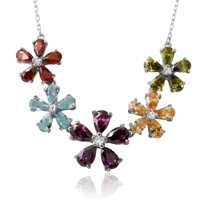Rhodium Plated 925 Sterling Silver 5 Multi Color CZ Flower Necklace – BGP01212