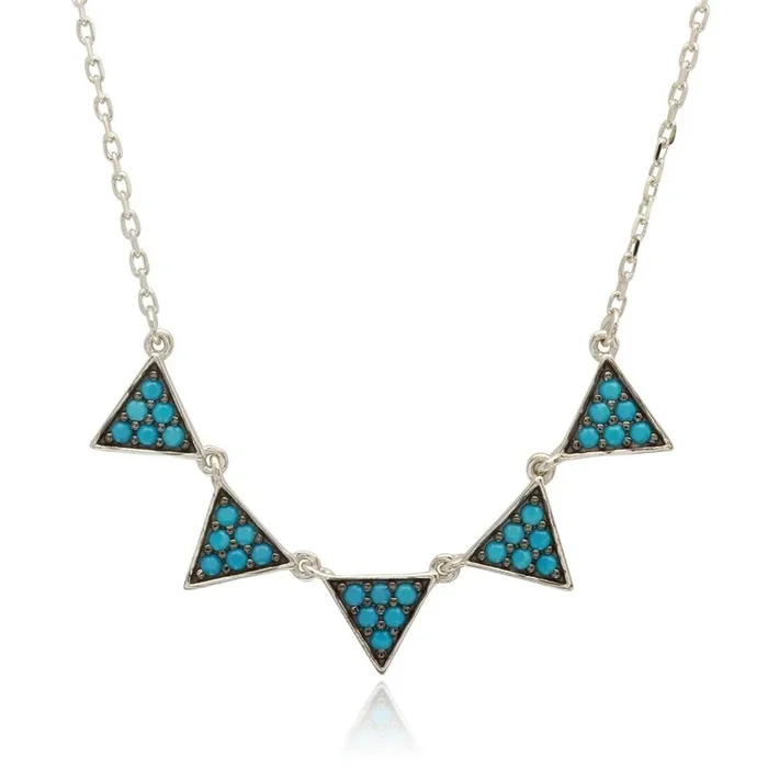 Rhodium Plated 925 Sterling Silver 5 Triangles with Turquoise Bead Necklace – BGP01210