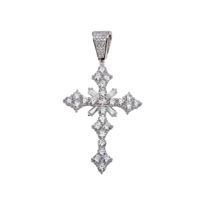 Rhodium Plated 925 Sterling Silver Baguette CZ Cross Hip Hop Pendant – SLP00163