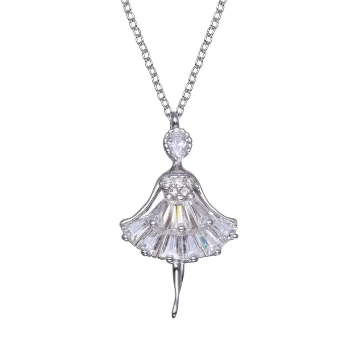Rhodium Plated 925 Sterling Silver Ballerina Baguette CZ Necklace – BGP01364