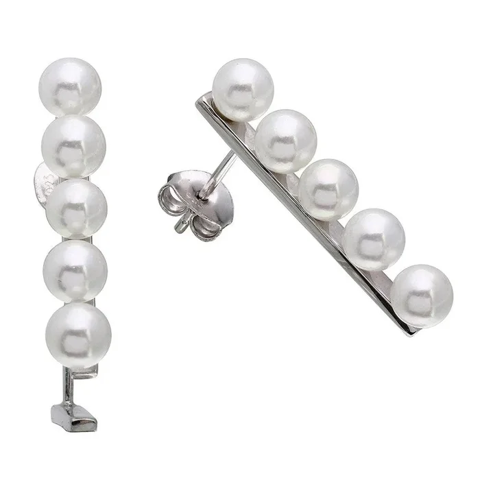 Rhodium Plated 925 Sterling Silver Bar with Synthetic Pearls Earrings – STE01084