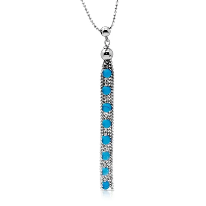 Rhodium Plated 925 Sterling Silver Bead Chain with Dropped Turquoise Bead Necklace – DIN00068RH-TQ