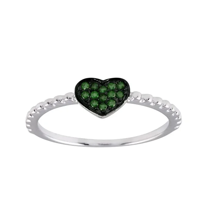 Rhodium Plated 925 Sterling Silver Beaded Heart Green CZ Ring – BGR01245GRN