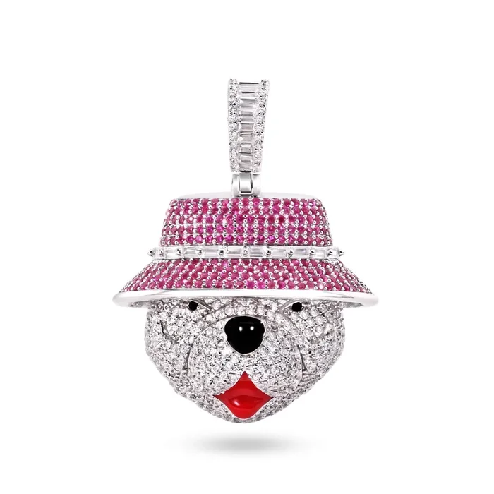 Rhodium Plated 925 Sterling Silver Bear Hat Clear and Pink CZ Red Enamel Tounge Pendant – SLP00411