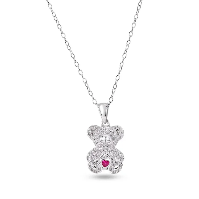 Rhodium Plated 925 Sterling Silver Bear Heart Red and Clear CZ Pendant Necklace – STP01858