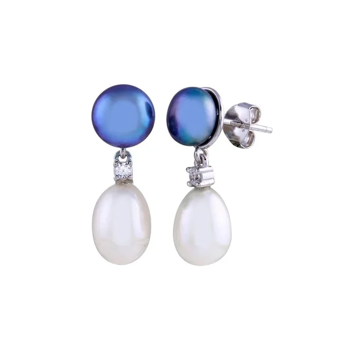 Rhodium Plated 925 Sterling Silver Black and White Pearl Dangling Earring – BGE00671