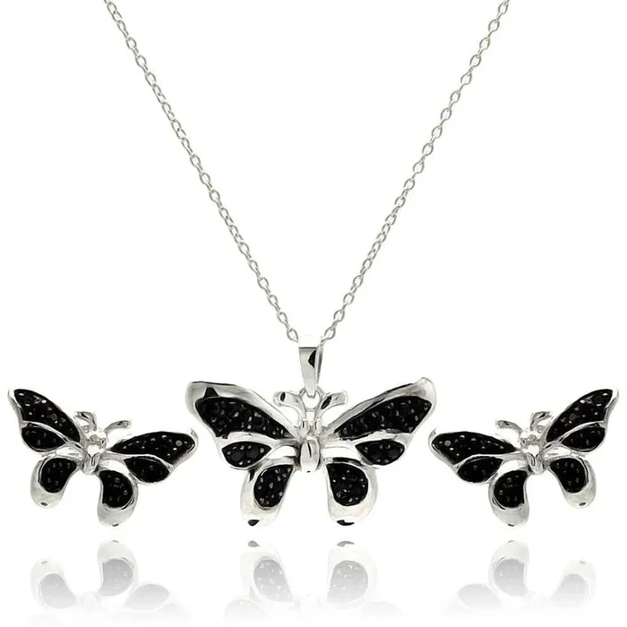 Rhodium Plated 925 Sterling Silver Black Butterfly CZ Stud Earring and Necklace Set – STS00415