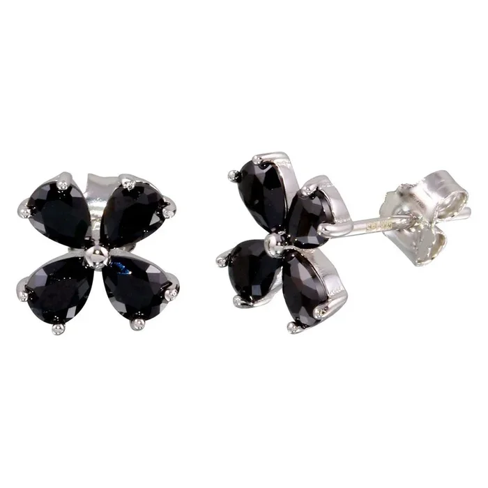 Rhodium Plated 925 Sterling Silver Black Flower CZ Earrings – STE01093