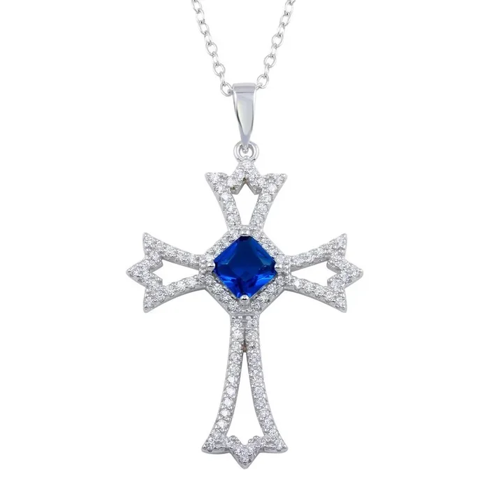 Rhodium Plated 925 Sterling Silver Blue CZ Center Open CZ Cross Necklace – BGP01319