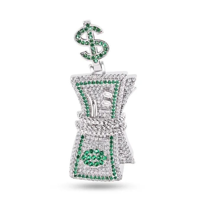Rhodium Plated 925 Sterling Silver Bundle of Cash Clear and Green CZ Dollar Vale Pendant – SLP00361