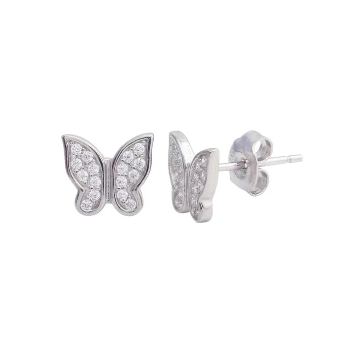 Rhodium Plated 925 Sterling Silver Butterfly CZ Stud Earrings – STE01199