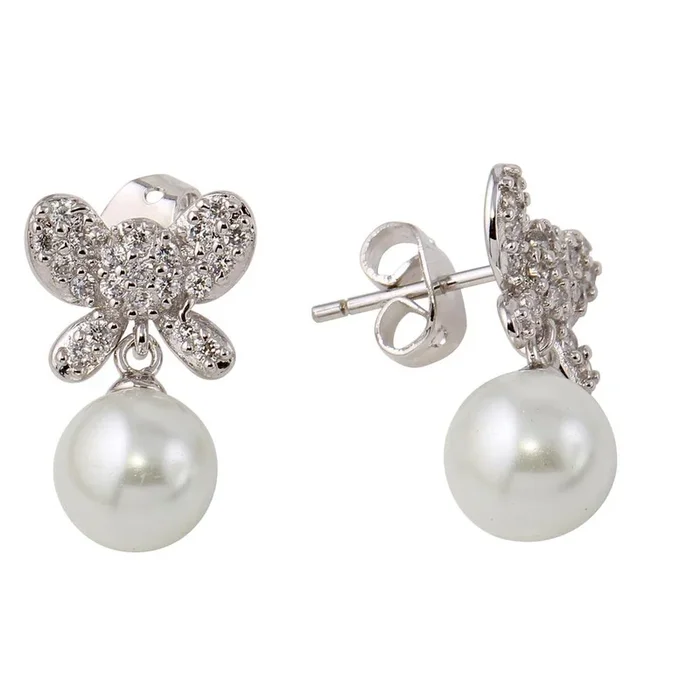 Rhodium Plated 925 Sterling Silver Butterfly Earrings with Dangling Synthetic Pearl – BGE00422
