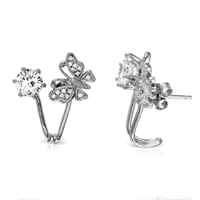 Rhodium Plated 925 Sterling Silver Butterfly with CZ Topped with Round CZ Earrings – BGE00511