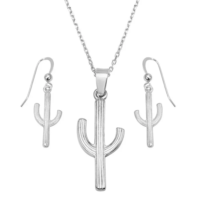 Rhodium Plated 925 Sterling Silver Cactus Design Set – SOS00008
