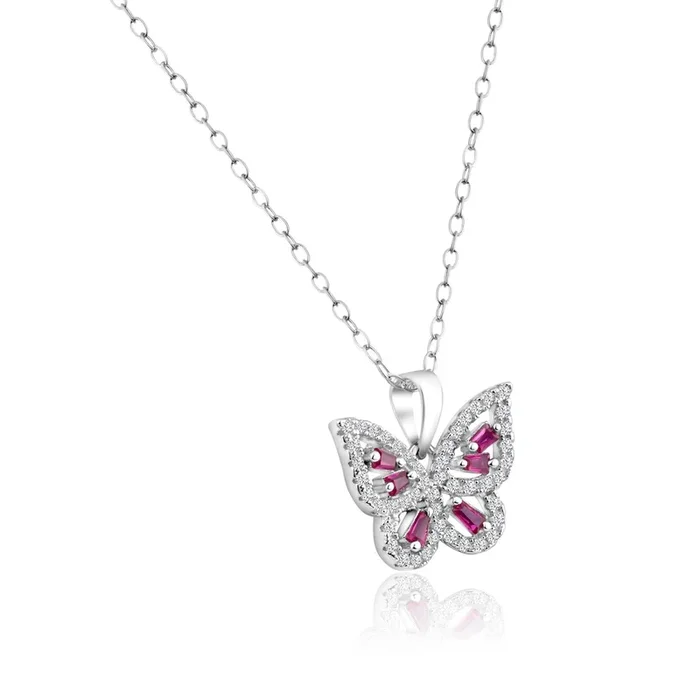 Rhodium Plated 925 Sterling Silver Clear and Red CZ Butterfly Pendant Necklace – BGP01453