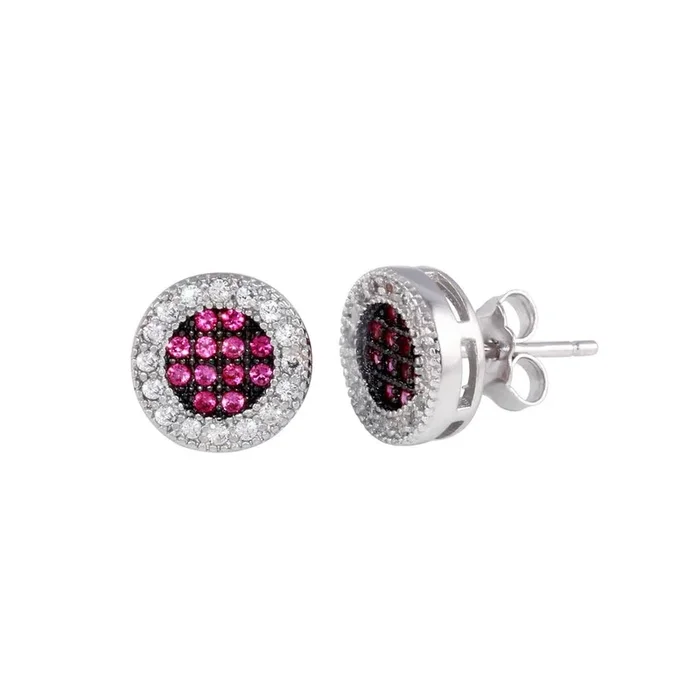 Rhodium Plated 925 Sterling Silver Clear and Red CZ Halo Stud Earrings – BGE00631RED