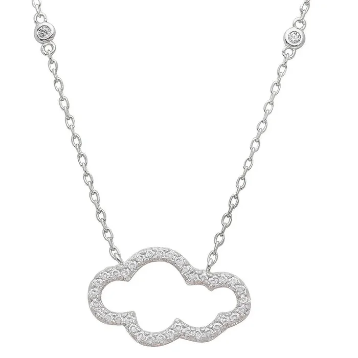 Rhodium Plated 925 Sterling Silver Clear CZ Encrusted Open Cloud Necklace – STP01528
