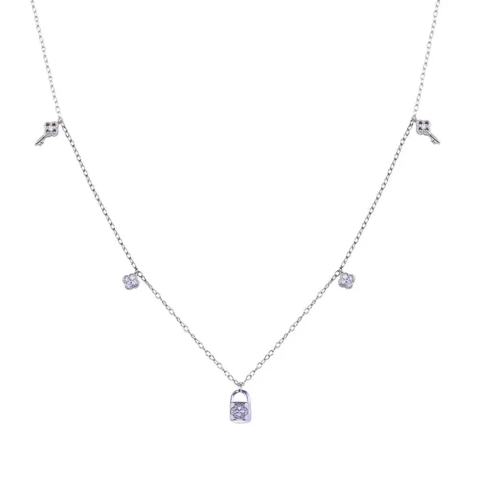 Rhodium Plated 925 Sterling Silver Clear CZ Lock and Key Necklace – BGP01406