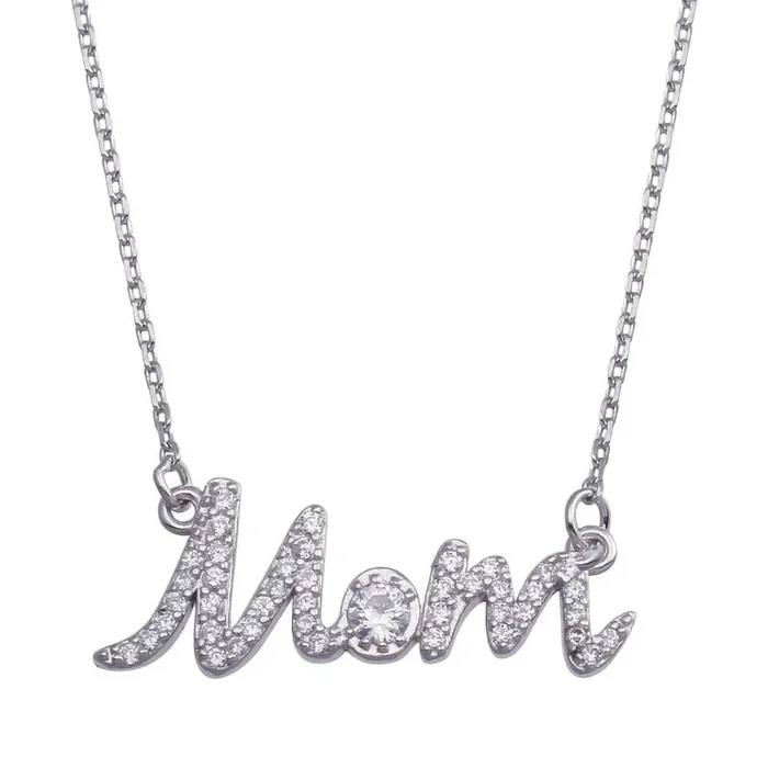 Rhodium Plated 925 Sterling Silver Clear CZ Script MOM Necklace – BGP01380