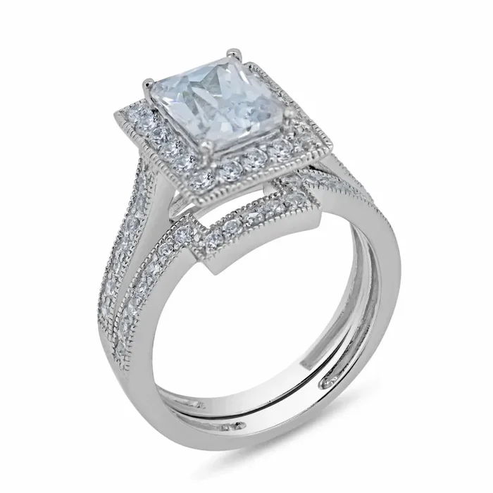 Rhodium Plated 925 Sterling Silver Clear CZ Square Bridal Ring Set – BGR00198