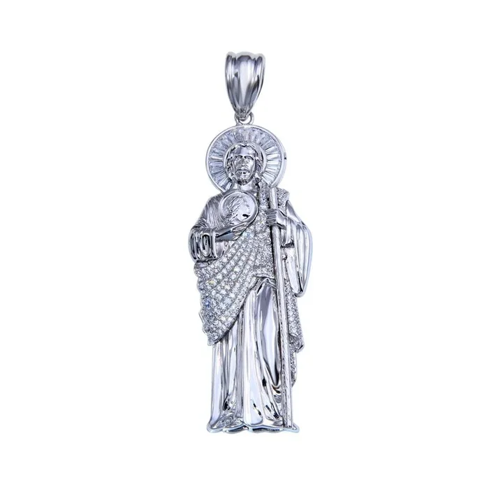 Rhodium Plated 925 Sterling Silver Clear CZ St Jude Pendant 41mm – GMP00082